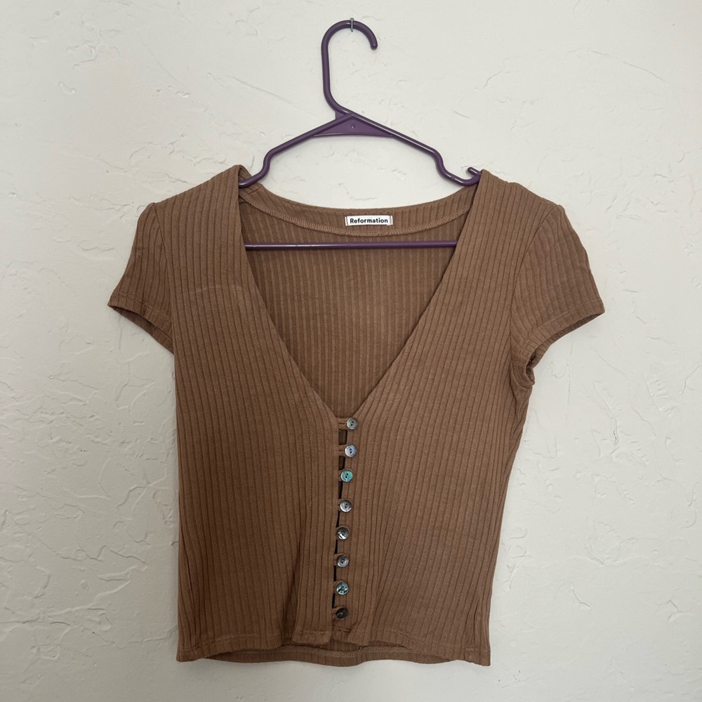 Reformation Brown Ribbed Button-Up Top